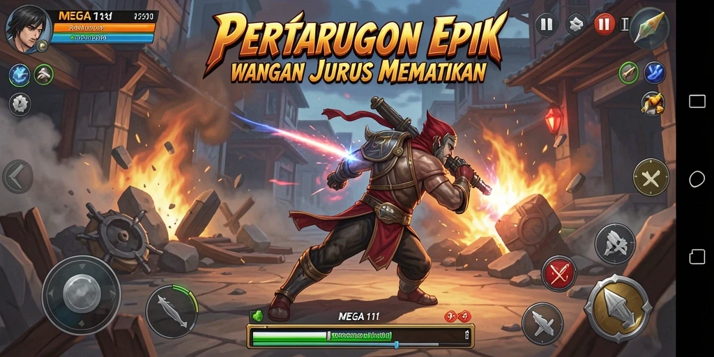 Screenshot utama MEGA111 menunjukkan pertarungan seru dengan jurus mematikan.