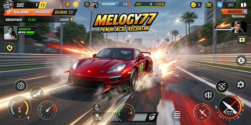 Tangkapan layar gameplay MELODY77 menampilkan aksi balap yang mendebarkan.