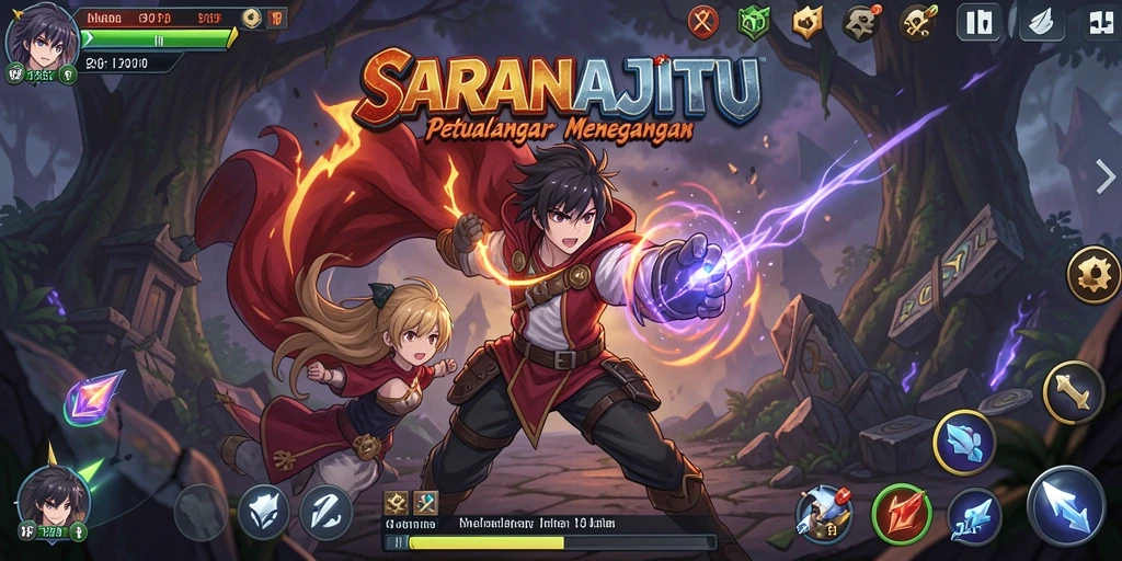 Tampilan gameplay SARANAJITU menunjukkan pertarungan yang seru dan karakter Anime yang menawan.